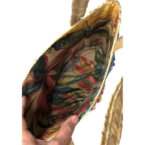 Bahamas Handwoven Straw Tote Bag Purse Floral Flip Flops Beads Lined Cruise Vtg - Picture 3 of 7